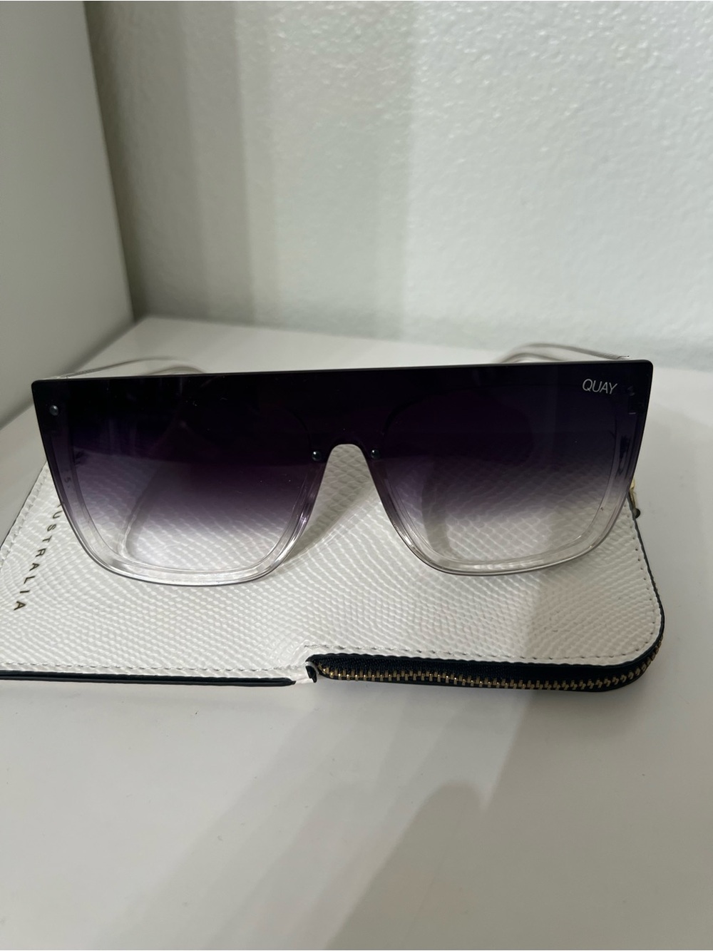 Quay Australia Oversized Clear/ black purple Shield Sunglasses.